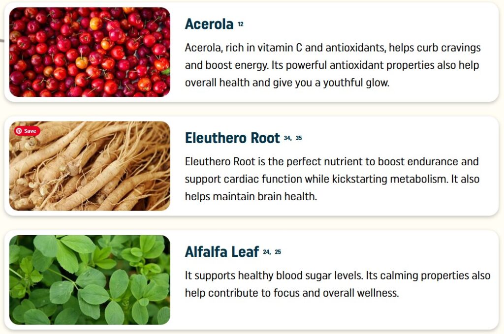 nagano lean body tonic ingredients acerola, eleuthero root, alfalfa leaf